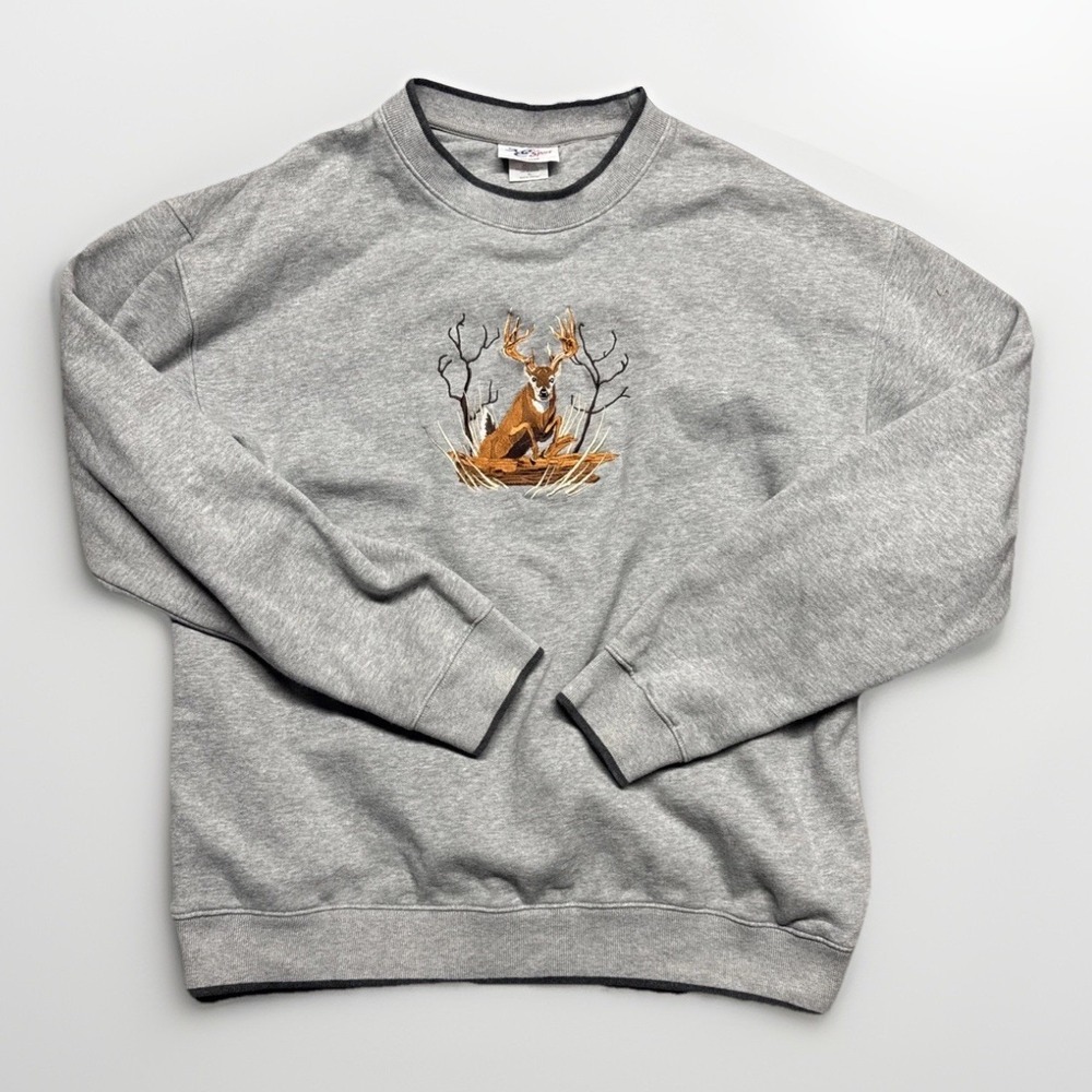Y2K XL‎ Gray White Tail Deer Sweater Long Sleeve Pullover Hunting